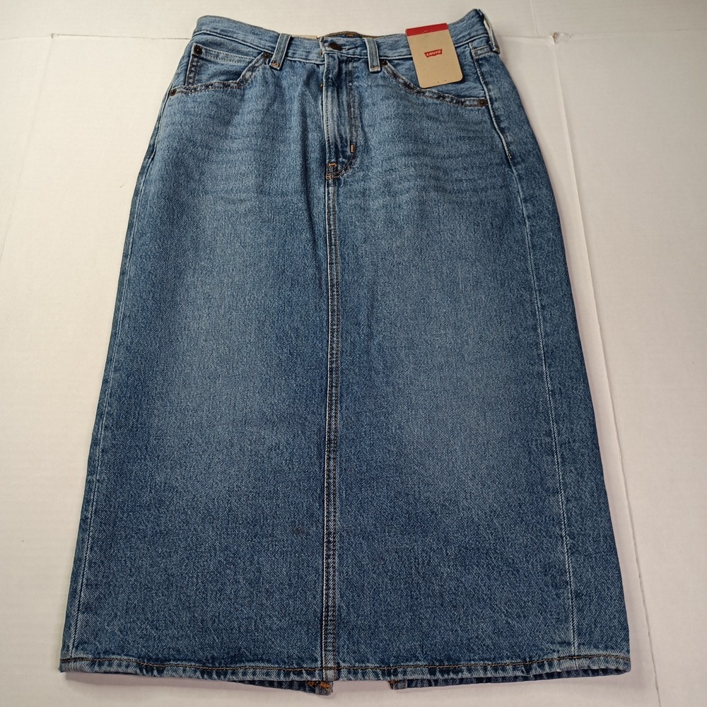 Levi's Women High-Rise Back Slit Skirt Meadow Games Size 27 Blue Pockets